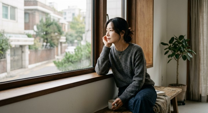 창가에서 생각에 잠긴 여성