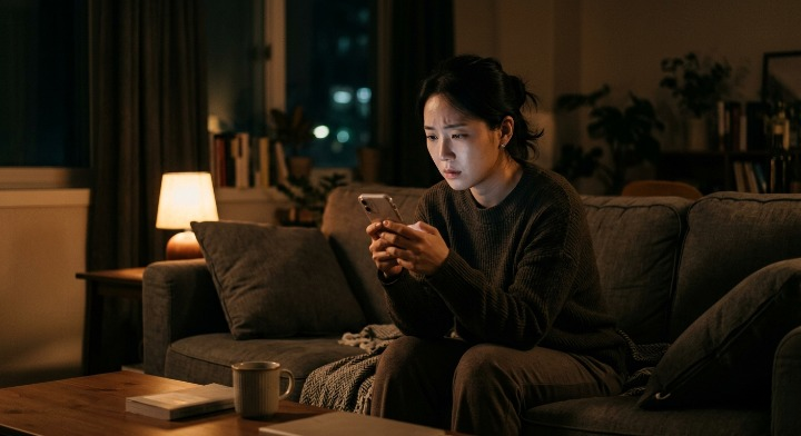 창가에서 고민하는 여성